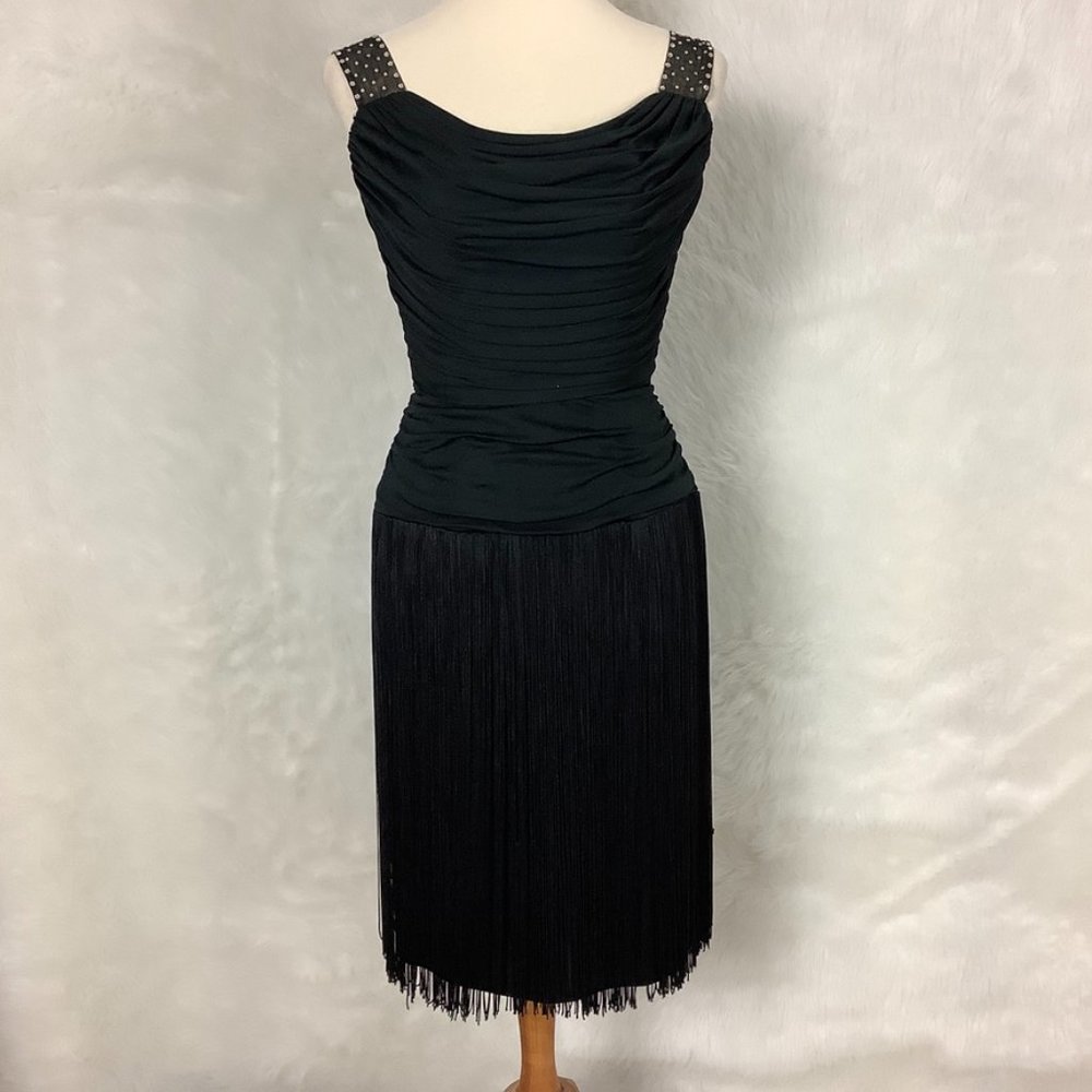 Vintage 1970s Lilli Diamond Black Fringe Sleeveless Rhinestone Cocktail Dress XS